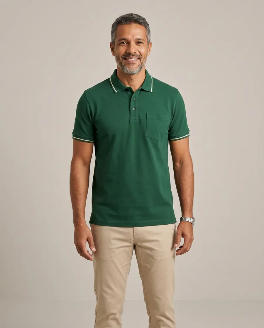 Camisa Gola Polo Verde com Friso